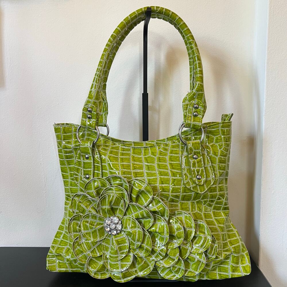 Vibrant Green Croc Pink Patent Zippered Shoulder Bag with Floral Gemstones